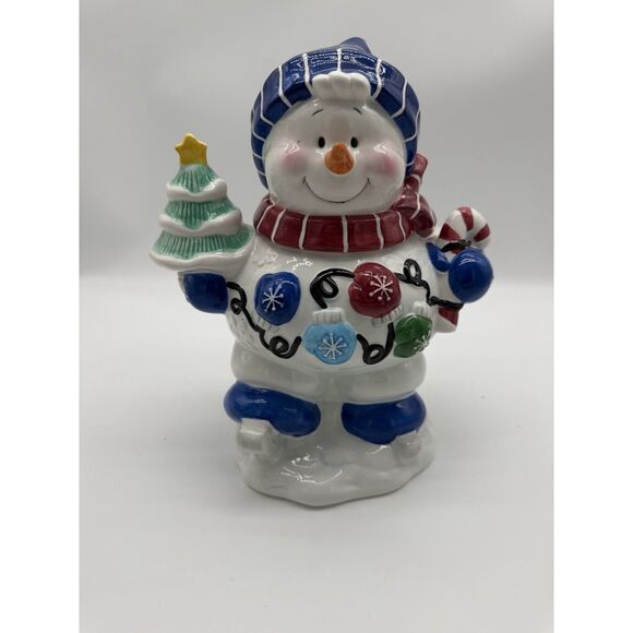 SNOWMAN Blue Willow Hat Candy Swag Peppermint Snowflake Cookie Jar - Picture 1 of 6